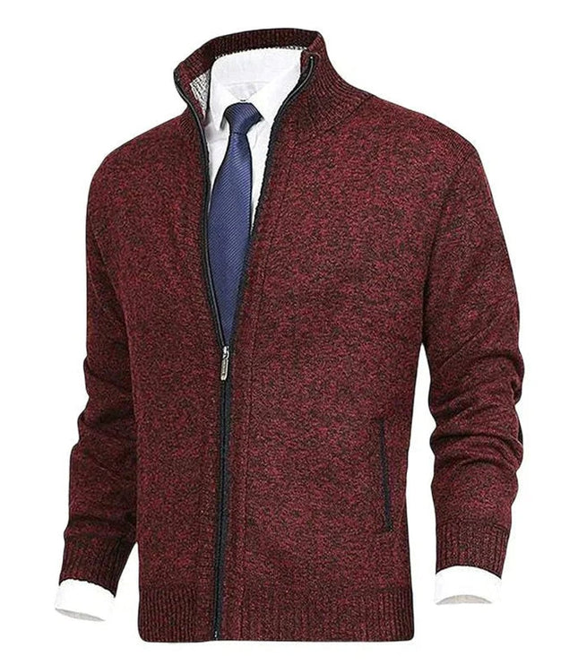 Men's Stand-Collar Zip-Up Fleece-Lined Knit Sweater Cardigan