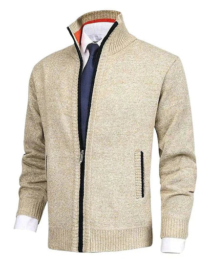 Men's Stand-Collar Zip-Up Fleece-Lined Knit Sweater Cardigan
