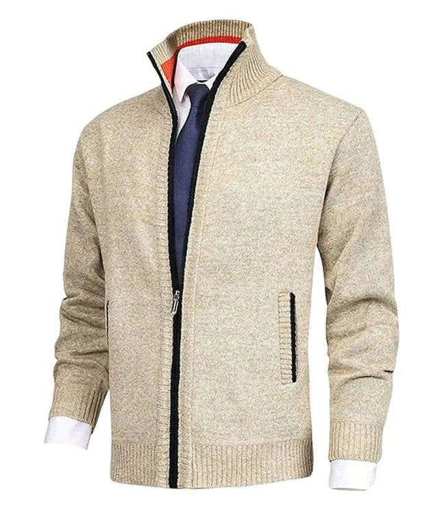 Men's Stand-Collar Zip-Up Fleece-Lined Knit Sweater Cardigan