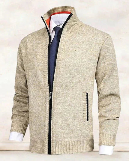 Men's Stand-Collar Zip-Up Fleece-Lined Knit Sweater Cardigan