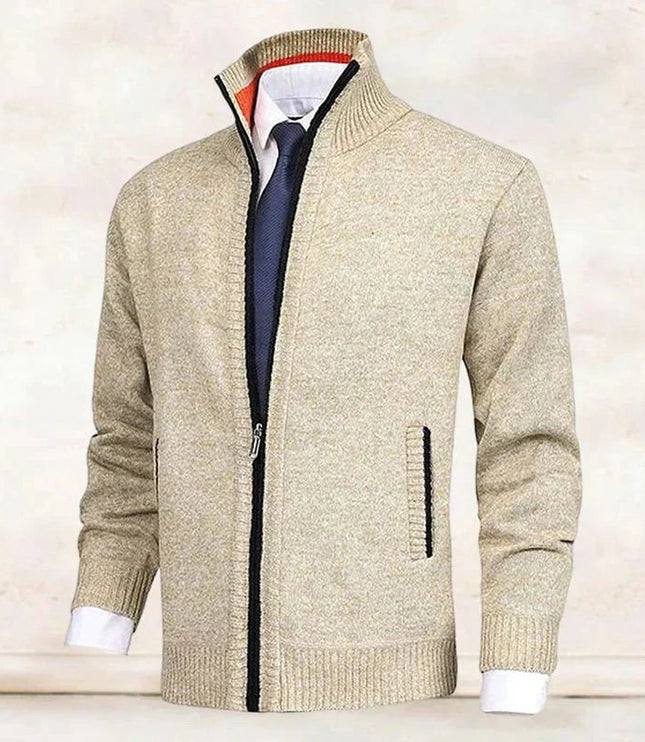 Men's Stand-Collar Zip-Up Fleece-Lined Knit Sweater Cardigan