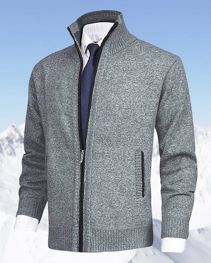 Men's Stand-Collar Zip-Up Fleece-Lined Knit Sweater Cardigan