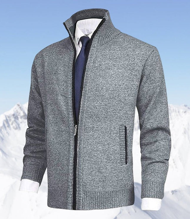 Men's Stand-Collar Zip-Up Fleece-Lined Knit Sweater Cardigan