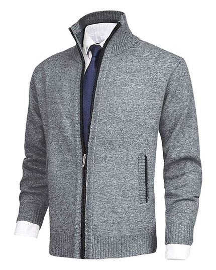 Men's Stand-Collar Zip-Up Fleece-Lined Knit Sweater Cardigan