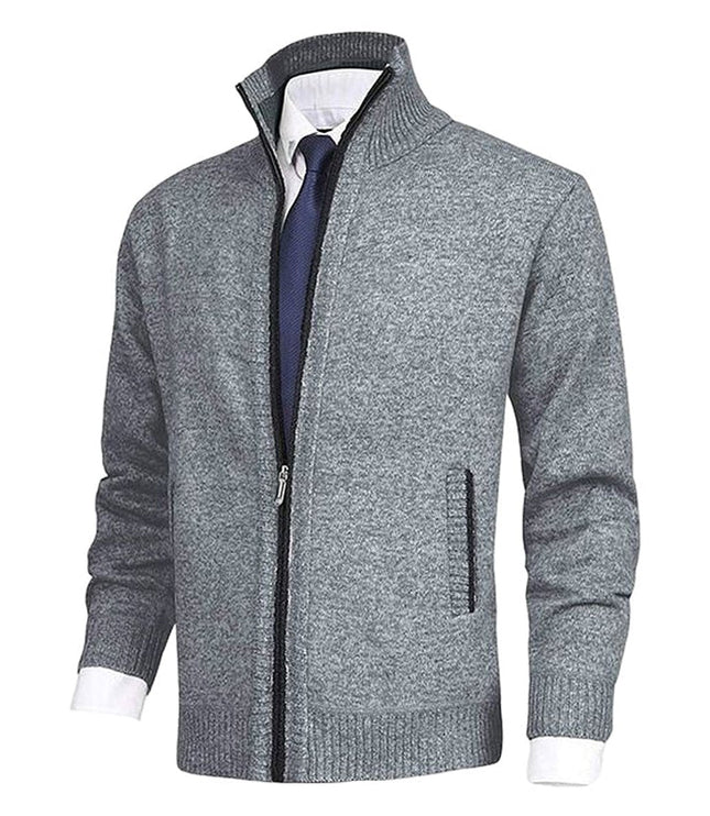 Men's Stand-Collar Zip-Up Fleece-Lined Knit Sweater Cardigan
