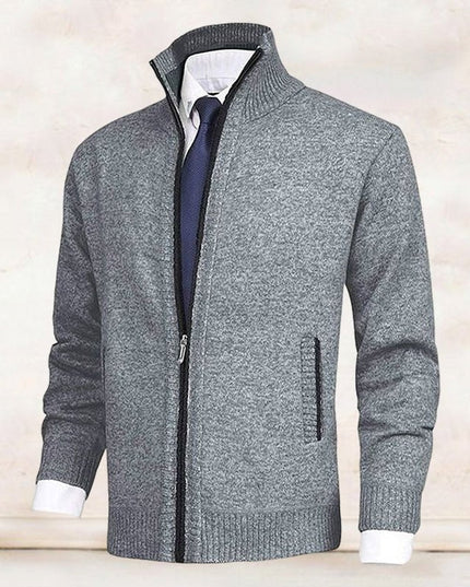 Men's Stand-Collar Zip-Up Fleece-Lined Knit Sweater Cardigan