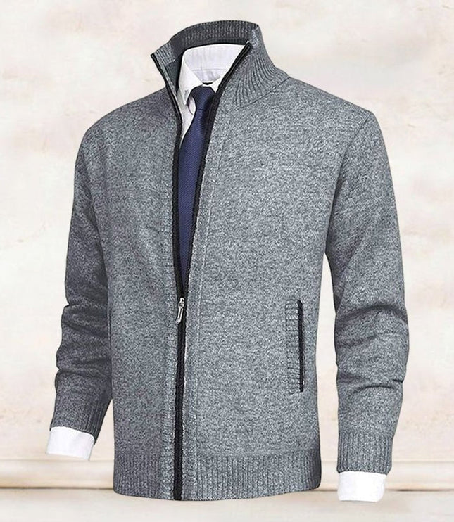 Men's Stand-Collar Zip-Up Fleece-Lined Knit Sweater Cardigan