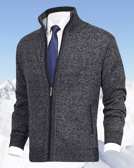Men's Stand-Collar Zip-Up Fleece-Lined Knit Sweater Cardigan