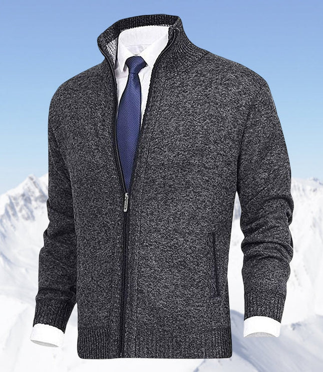 Men's Stand-Collar Zip-Up Fleece-Lined Knit Sweater Cardigan