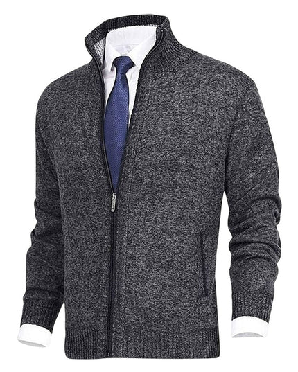 Men's Stand-Collar Zip-Up Fleece-Lined Knit Sweater Cardigan