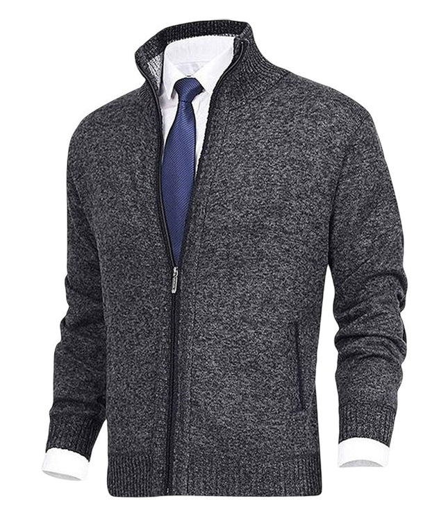 Men's Stand-Collar Zip-Up Fleece-Lined Knit Sweater Cardigan