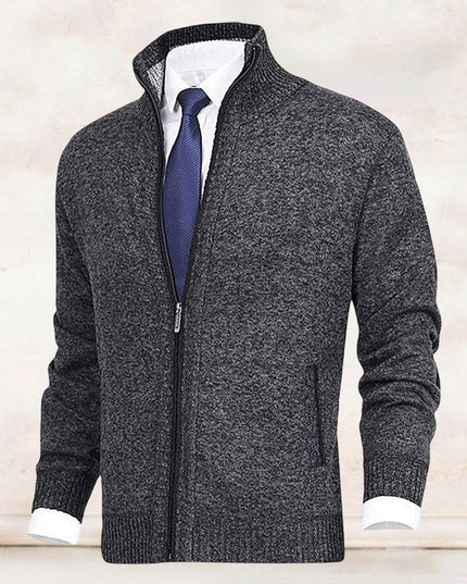 Men's Stand-Collar Zip-Up Fleece-Lined Knit Sweater Cardigan