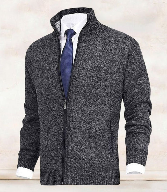 Men's Stand-Collar Zip-Up Fleece-Lined Knit Sweater Cardigan