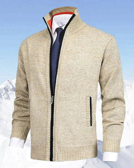 Men's Stand-Collar Zip-Up Fleece-Lined Knit Sweater Cardigan