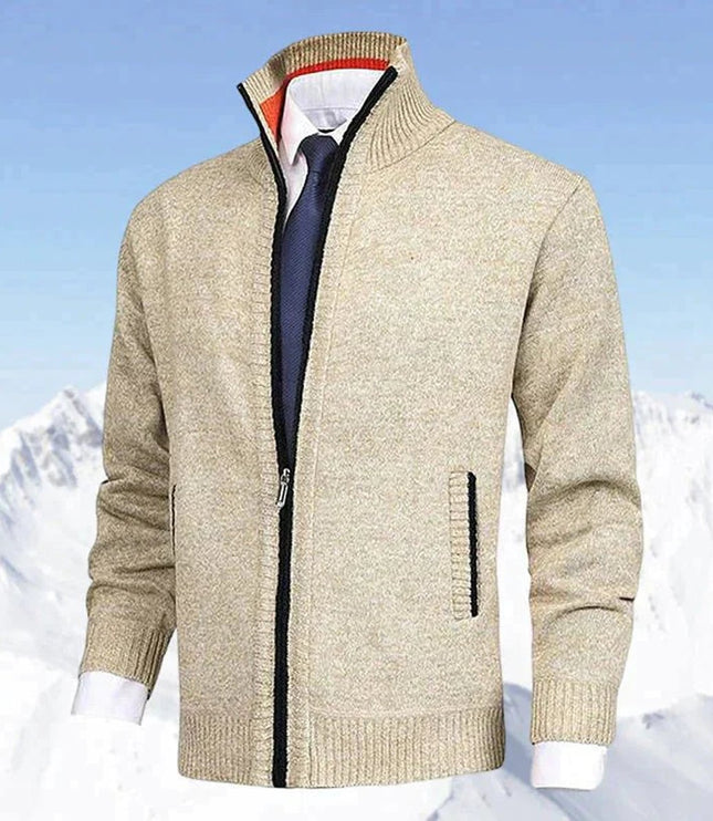 Men's Stand-Collar Zip-Up Fleece-Lined Knit Sweater Cardigan