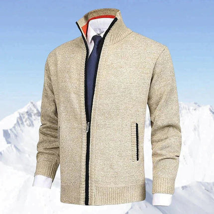 Men's Stand-Collar Zip-Up Fleece-Lined Knit Sweater Cardigan