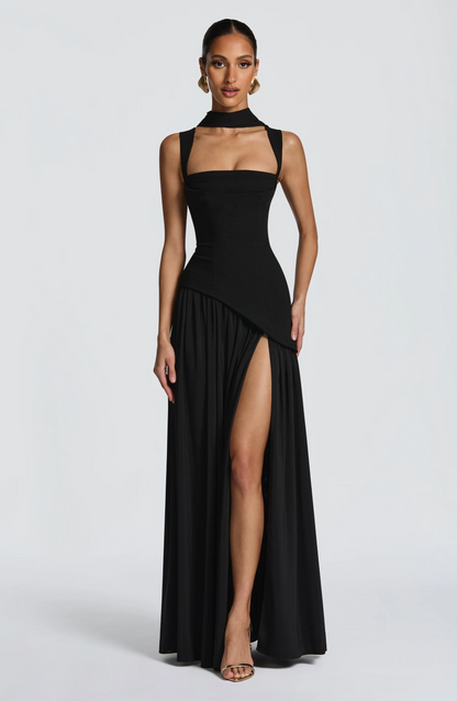 Black square neck maxi dress with choker collar and lace-up back detail