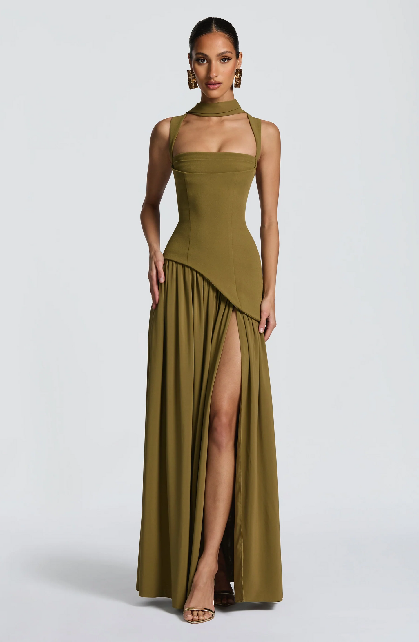 Olive green square neck maxi dress with adjustable straps and side slit