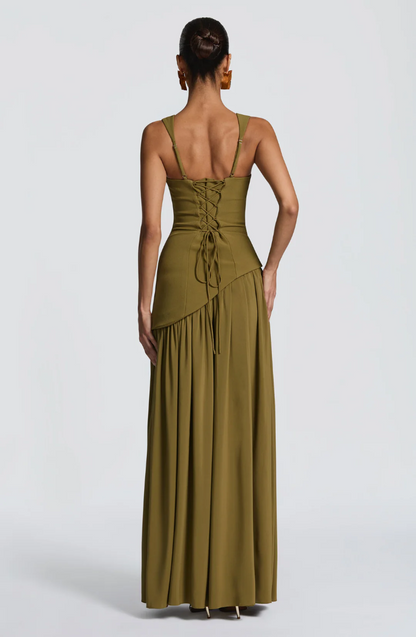 Olive green maxi dress back view showing lace-up closure and adjustable straps