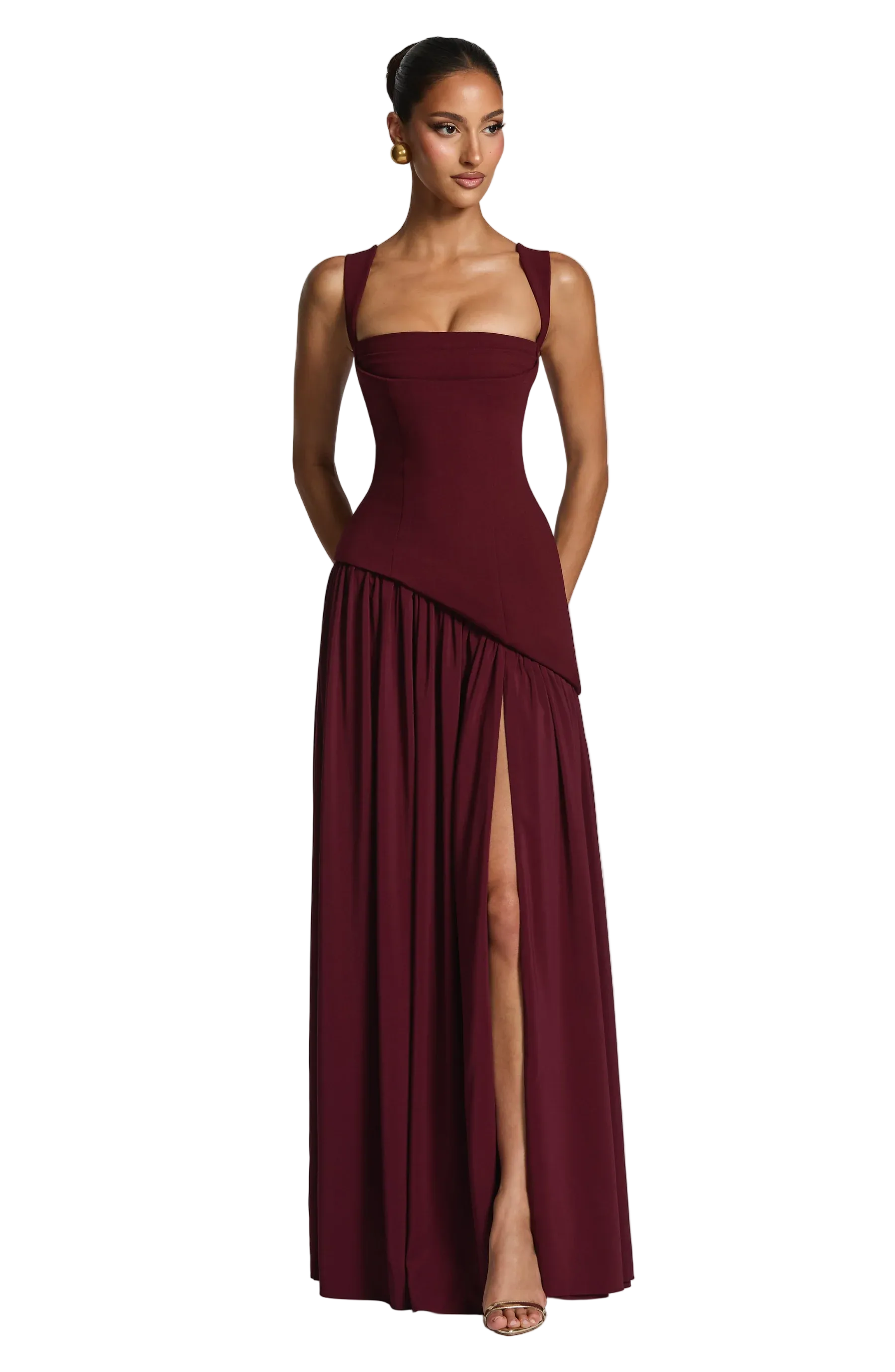 Burgundy square neck maxi dress with adjustable straps and asymmetrical pleated skirt