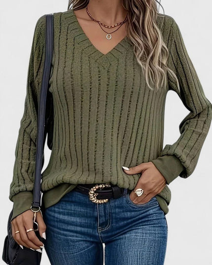 Women's Balloon Sleeve V-Neck Cable Knit Pullover Sweater