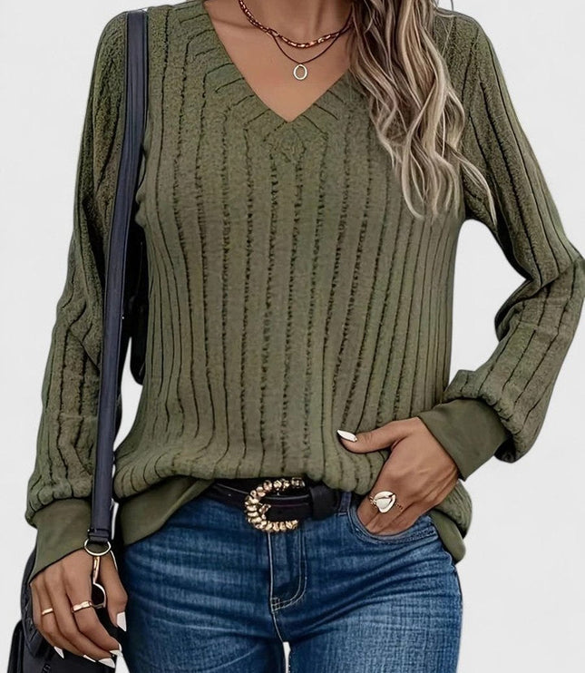 Women's Balloon Sleeve V-Neck Cable Knit Pullover Sweater