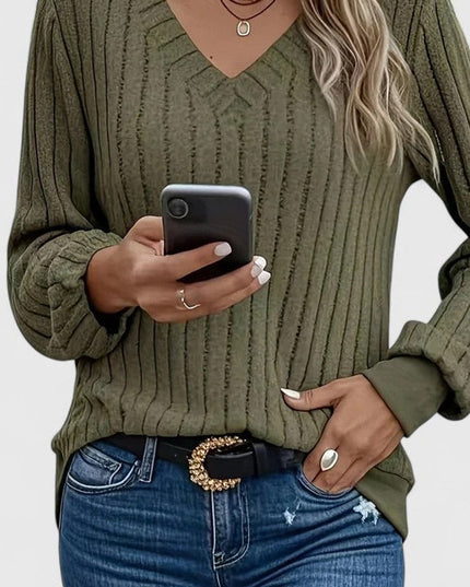 Women's Balloon Sleeve V-Neck Cable Knit Pullover Sweater