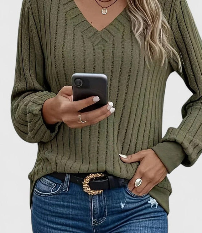 Women's Balloon Sleeve V-Neck Cable Knit Pullover Sweater