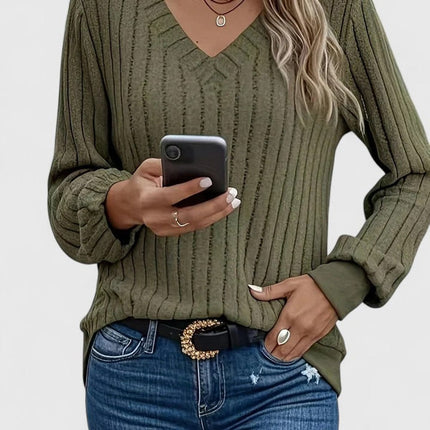 Women's Balloon Sleeve V-Neck Cable Knit Pullover Sweater