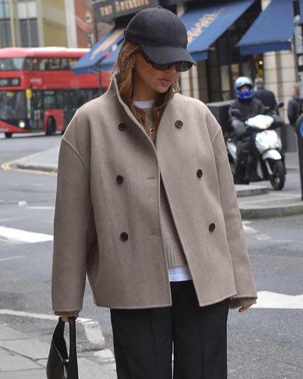 Women's Beige Short Jacket, Stand Collar Double Breasted