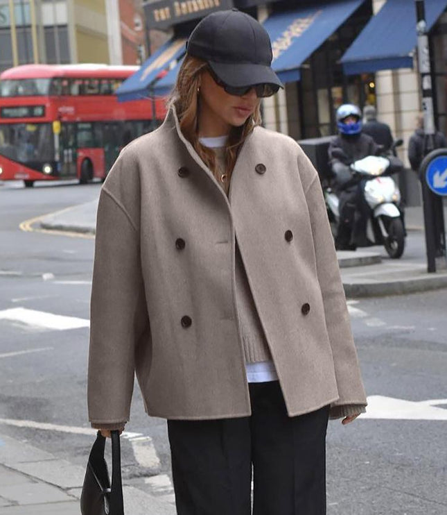 Women's Beige Short Jacket, Stand Collar Double Breasted