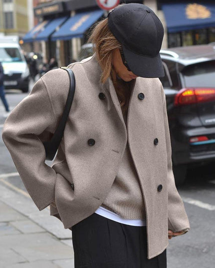 Women's Beige Short Jacket, Stand Collar Double Breasted