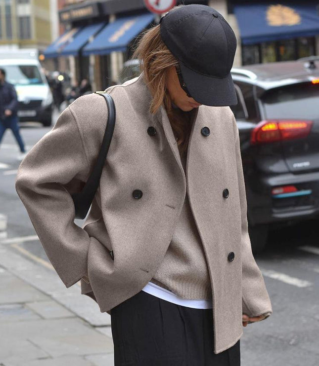 Women's Beige Short Jacket, Stand Collar Double Breasted