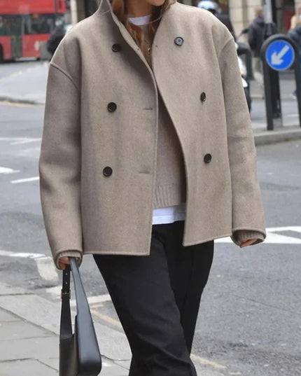 Women's Beige Short Jacket, Stand Collar Double Breasted
