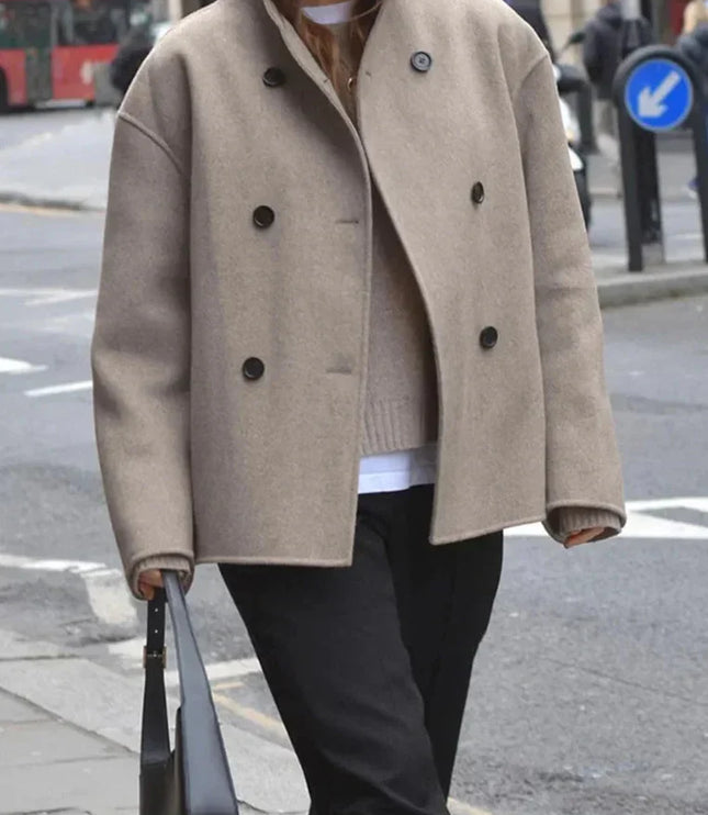Women's Beige Short Jacket, Stand Collar Double Breasted