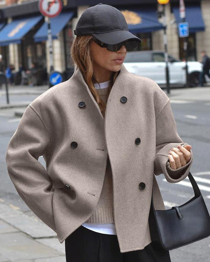 Women's Beige Short Jacket, Stand Collar Double Breasted