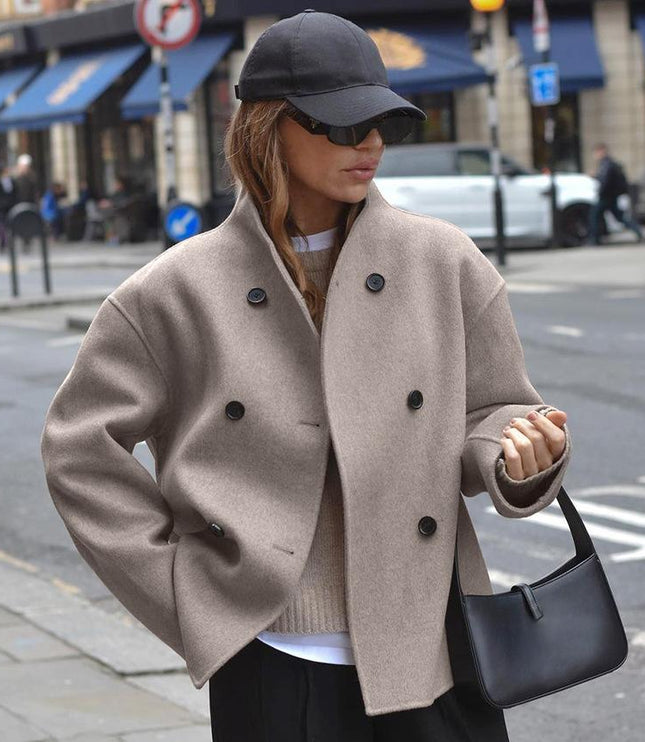Women's Beige Short Jacket, Stand Collar Double Breasted