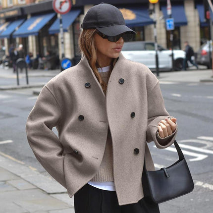 Women's Beige Short Jacket, Stand Collar Double Breasted