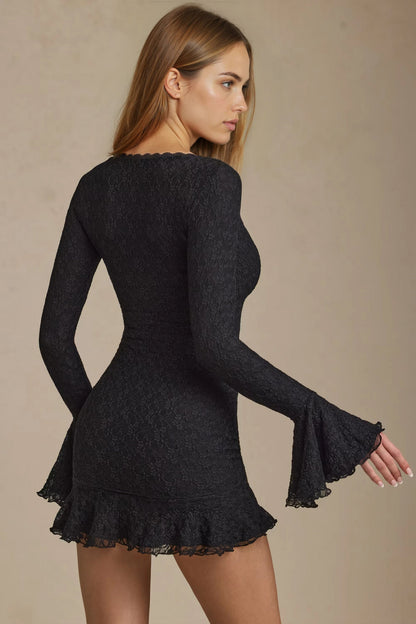 Women's Black Lace Long Sleeve Bodycon Cocktail Mini Dress