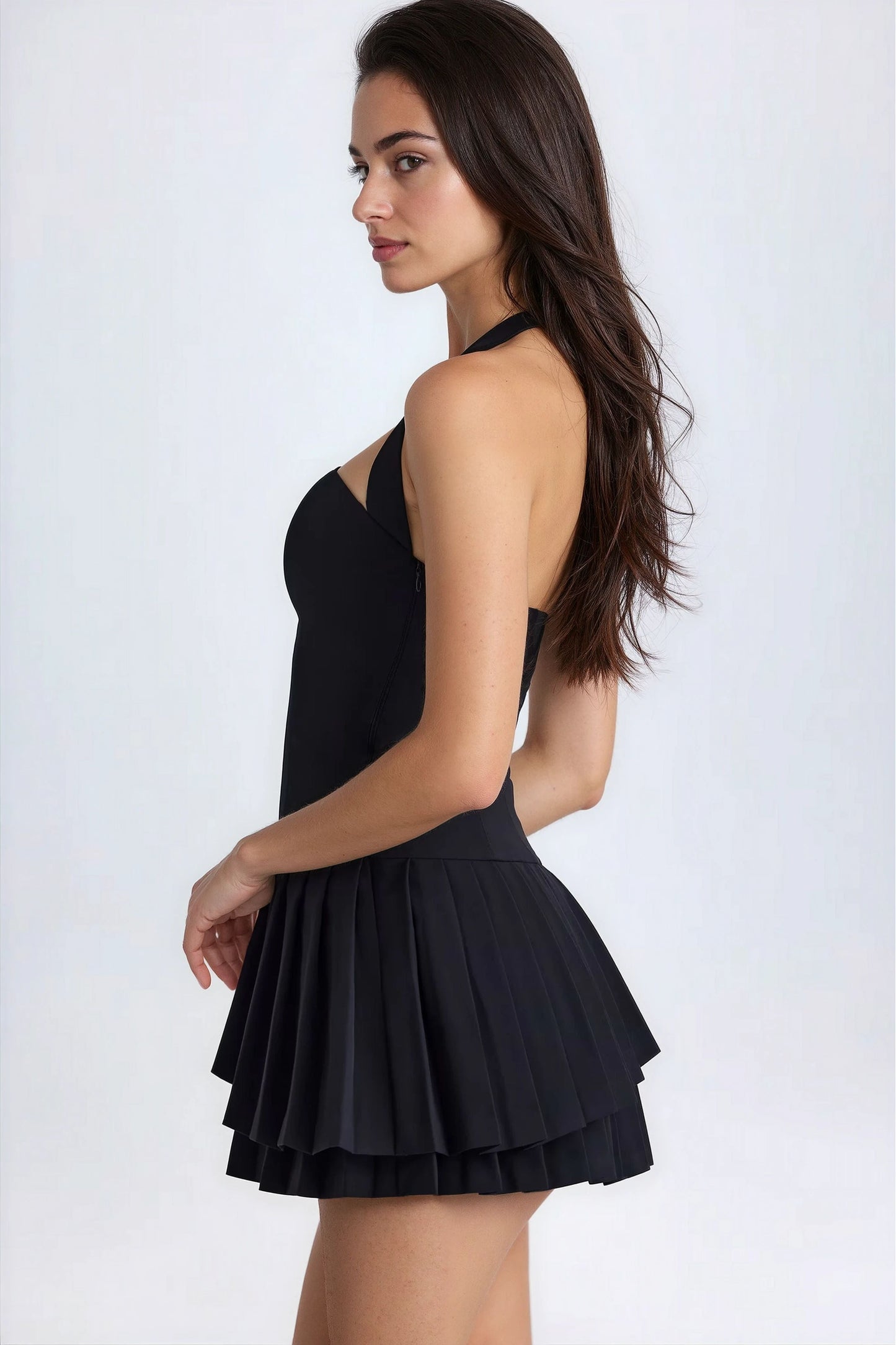Women's Black Pleated Halterneck Mini Cocktail Dress for Summer