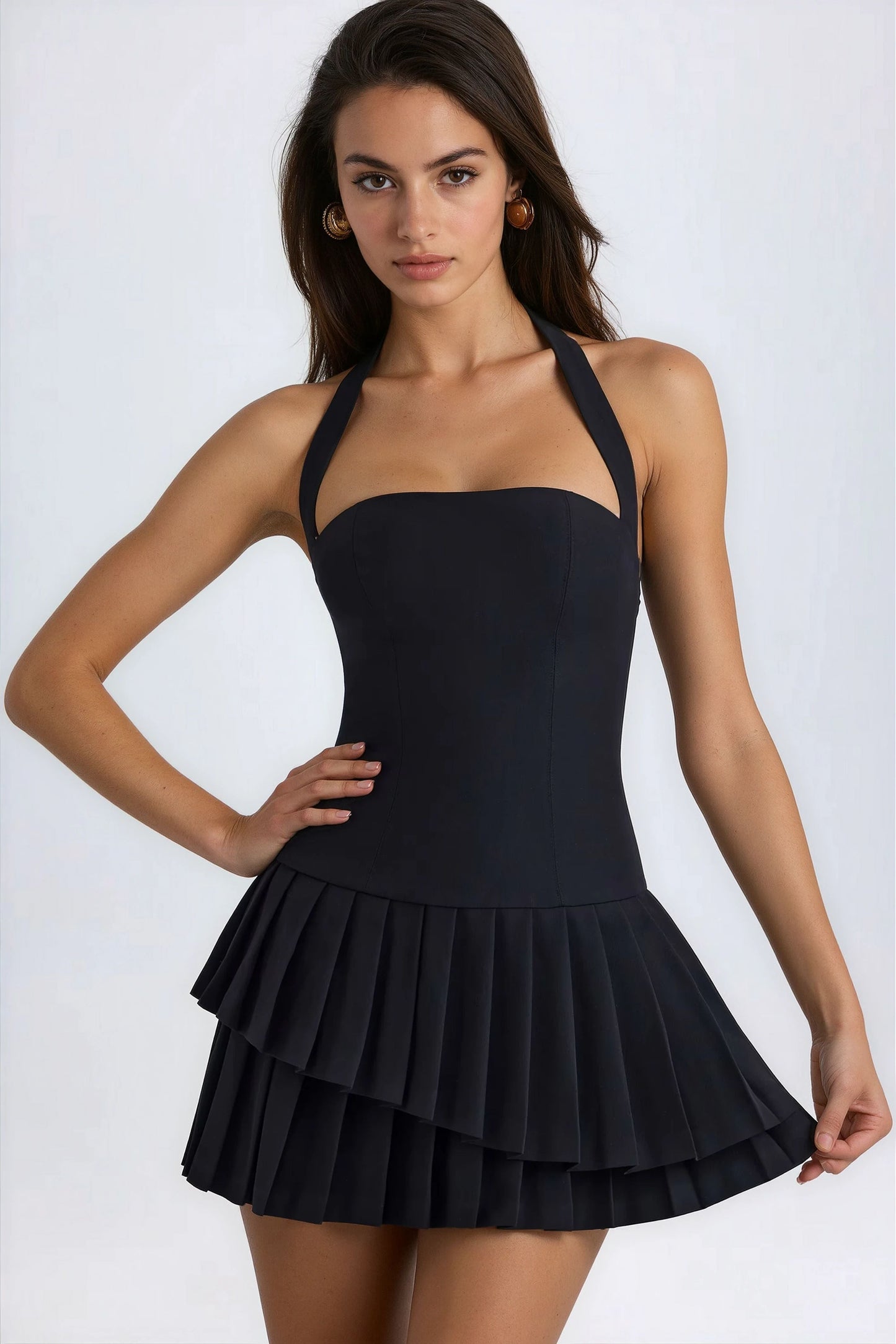 Women's Black Pleated Halterneck Mini Cocktail Dress for Summer