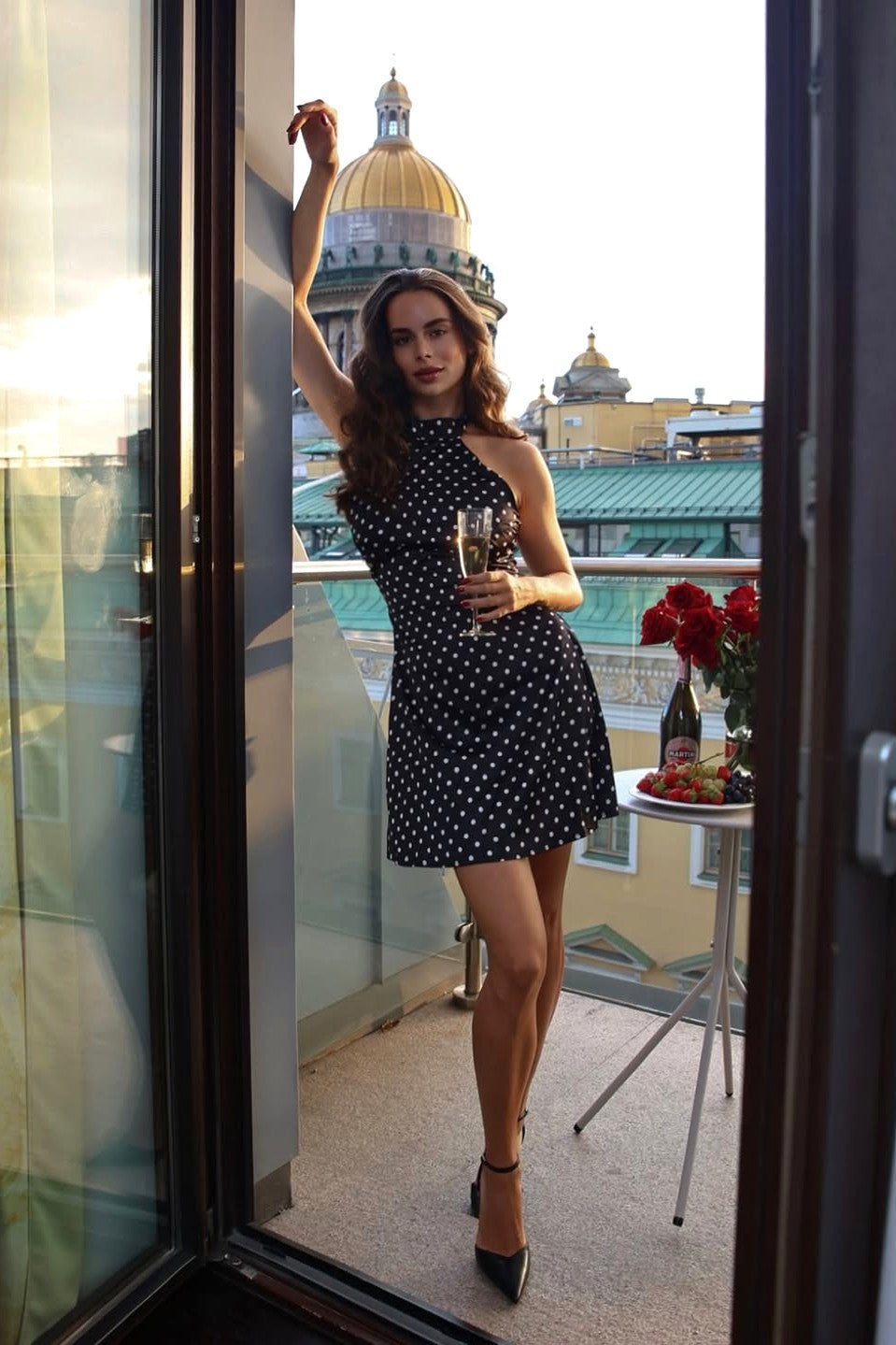 Women's Black Polka Dot Halter Neck Wedding Guest Mini Dress