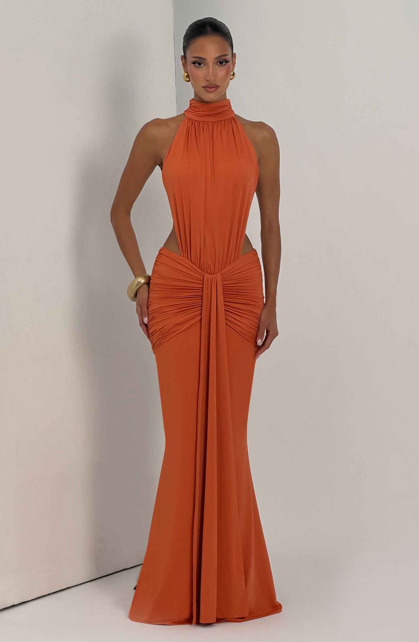 Women's Black Ruched Backless Halter Maxi Dress
