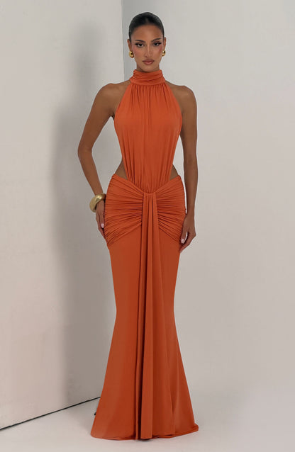 Women's Black Ruched Backless Halter Maxi Dress
