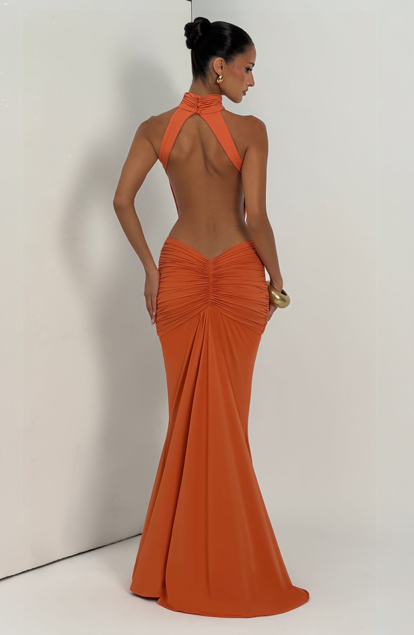 Women's Black Ruched Backless Halter Maxi Dress