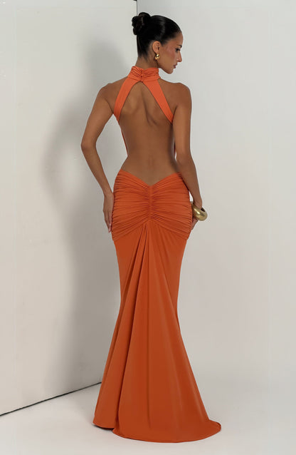 Women's Black Ruched Backless Halter Maxi Dress
