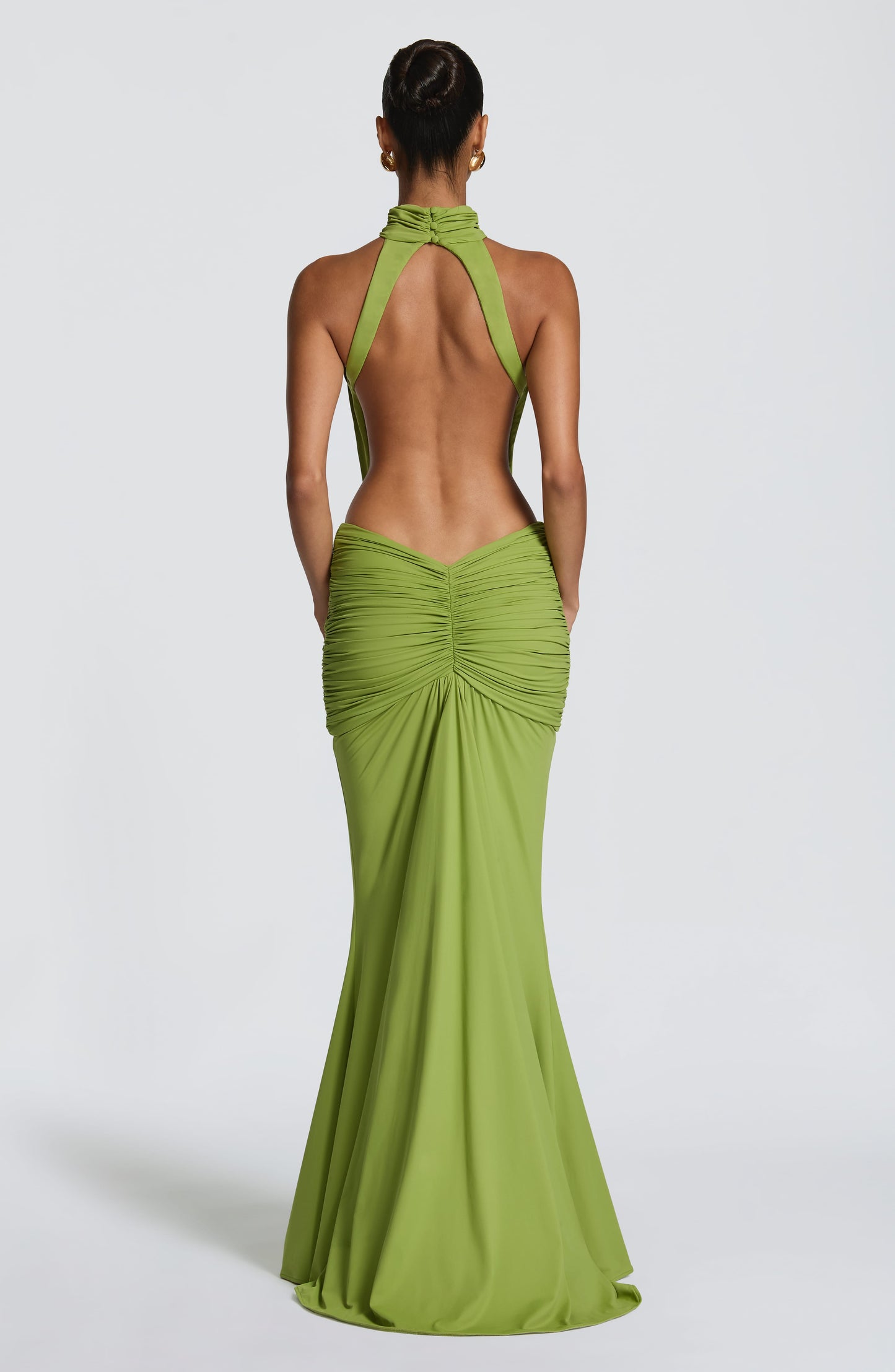 Women's Black Ruched Backless Halter Maxi Dress