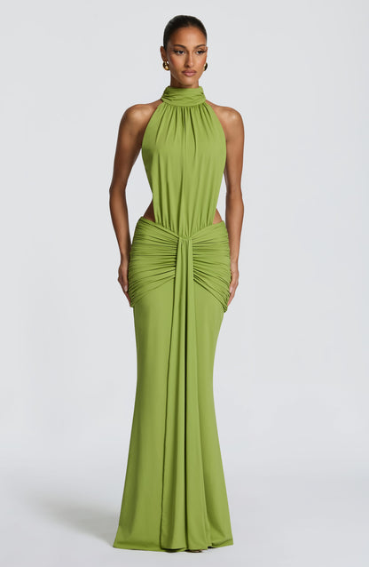 Women's Black Ruched Backless Halter Maxi Dress