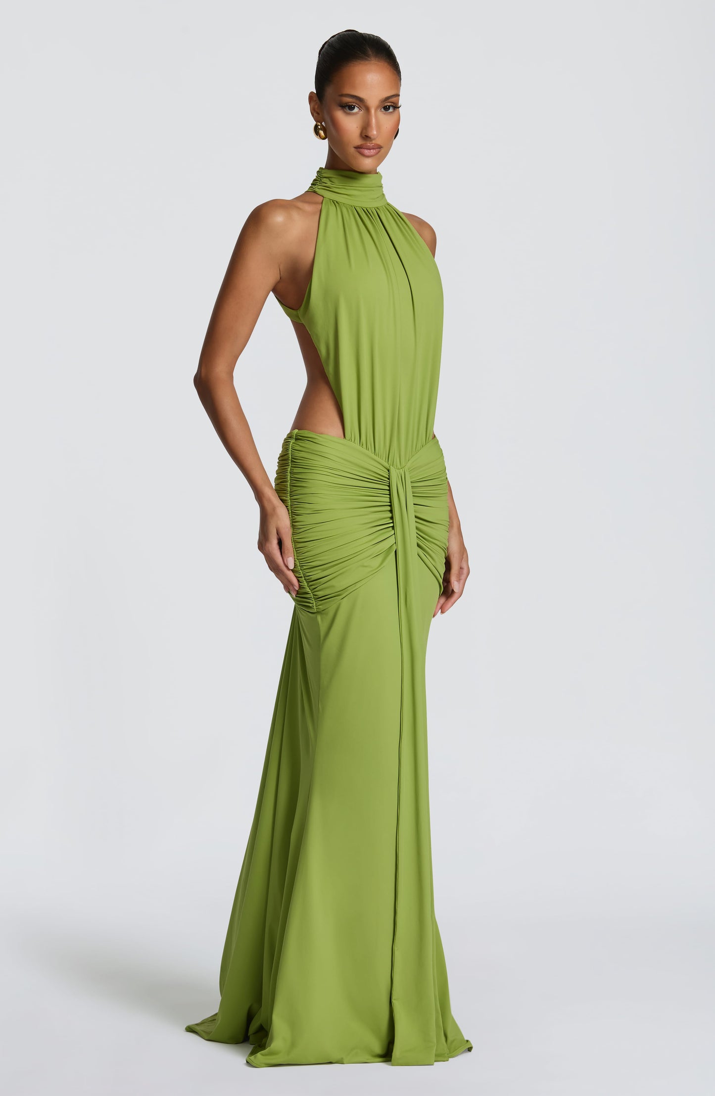 Women's Black Ruched Backless Halter Maxi Dress