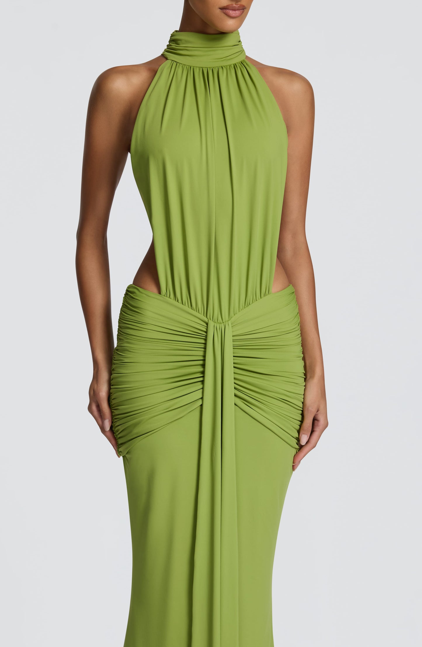 Women's Black Ruched Backless Halter Maxi Dress